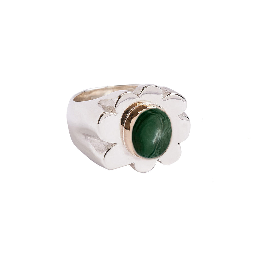 Large Green Nephrite Jade Wonky Flower Ring